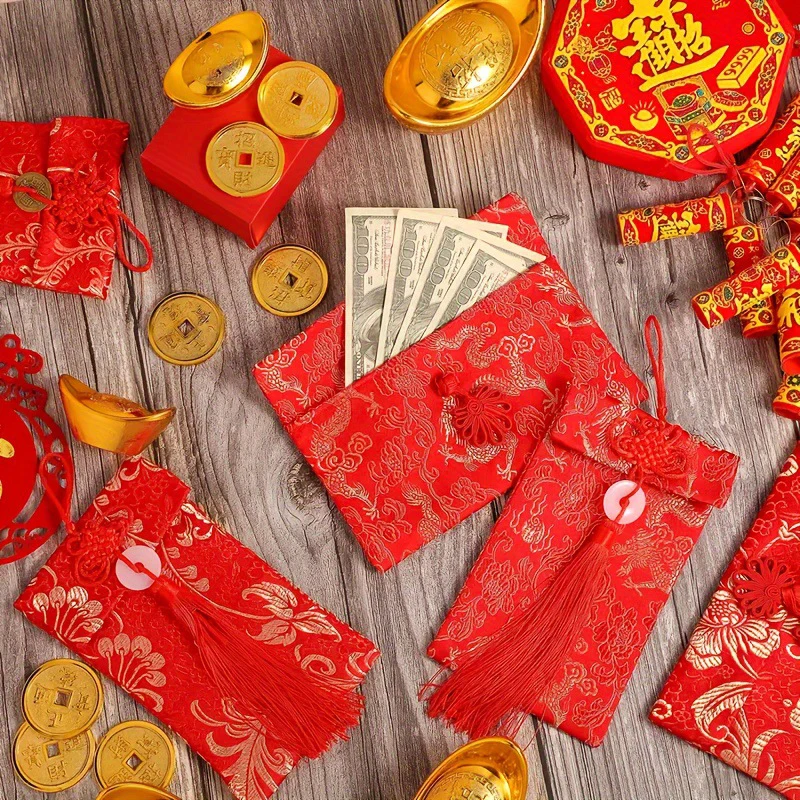 Saco de presente envelope vermelho com nó chinês, pacotes vermelhos de ano novo, casamento tradicional, bolso da sorte, sacos com borla para casamento, festival de primavera