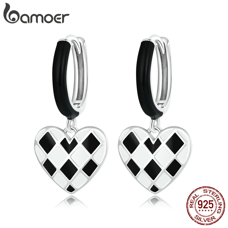 Bamoer 925 Sterling Silver Unique Fashion Black White Striped Checkered Hoops Minimalist Heart Rhombic Lattice Earrings