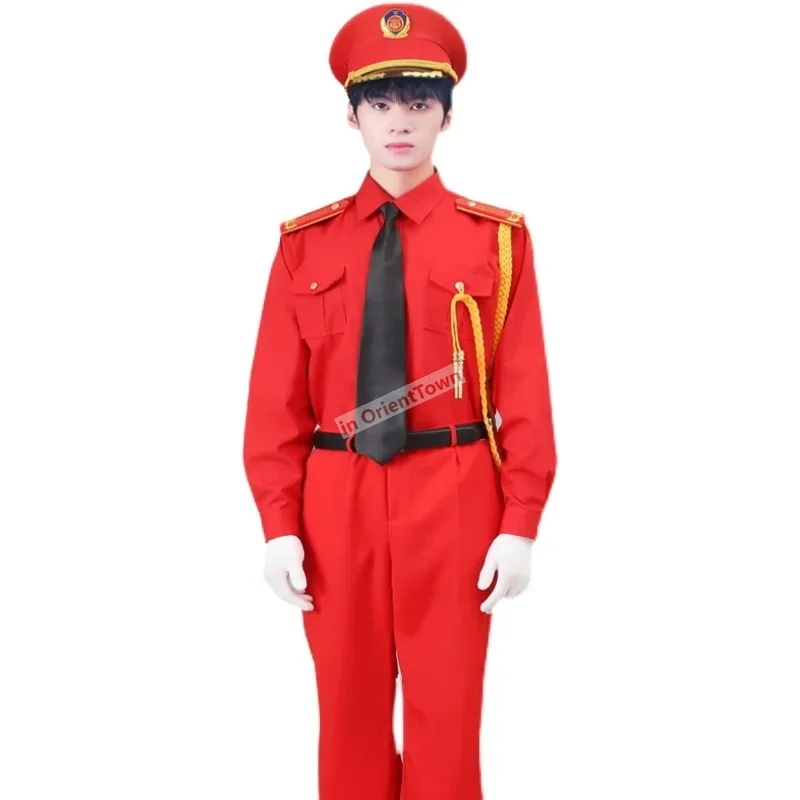 Verão masculino feminino desempenho cosplay vestido terno do exército banda coro roupas bandeira raiser uniforme vermelho militar tambor equipe traje