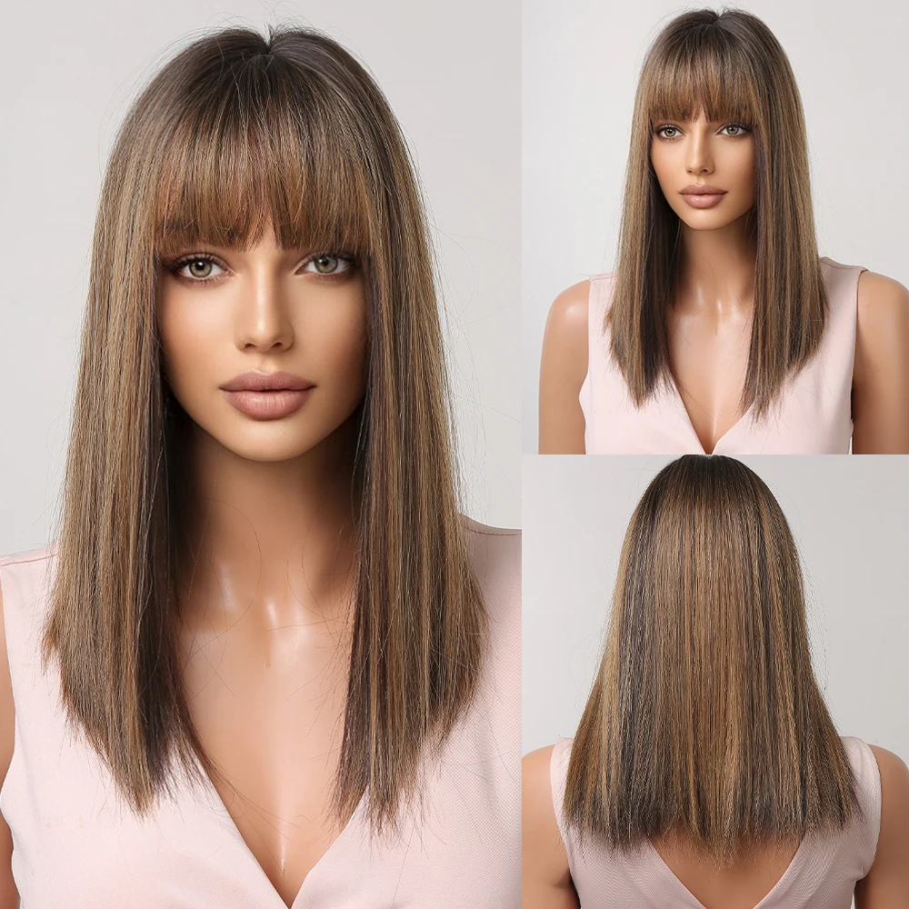 ALAN EATON Bob Medium Length Straight Bangs Wigs for Women Brown Blonde Mixed Synthetic Wigs Daily Cosplay Use Heat Resistant