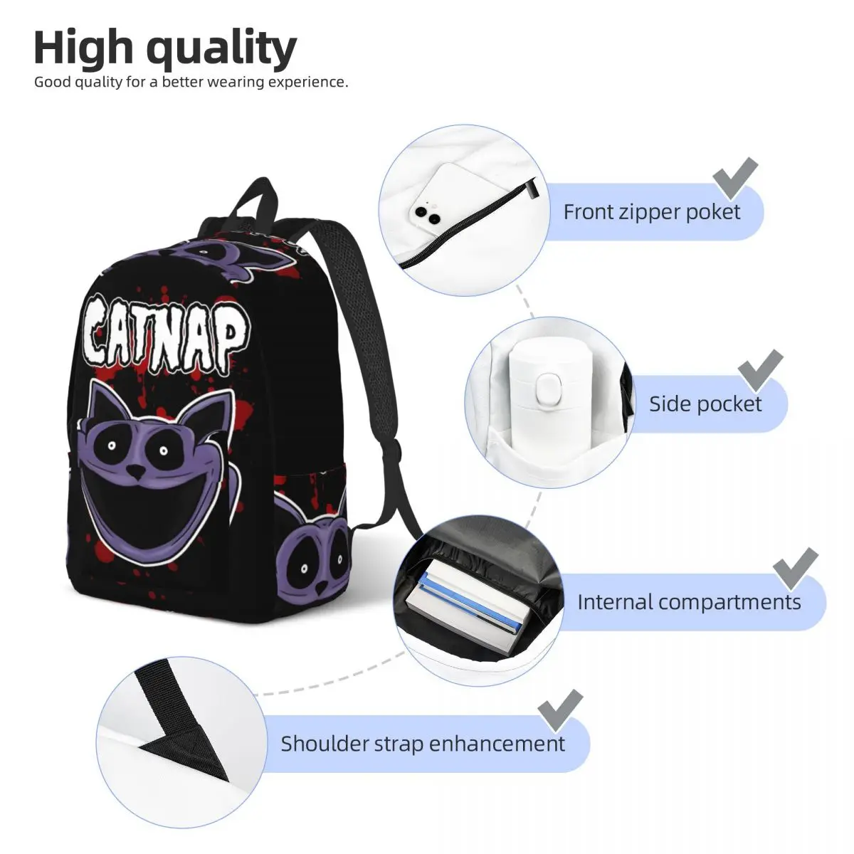 Catnap Blood Cool Backpack Sports High School Business Smiling Critters Daypack for Men Women Laptop Canvas Bags