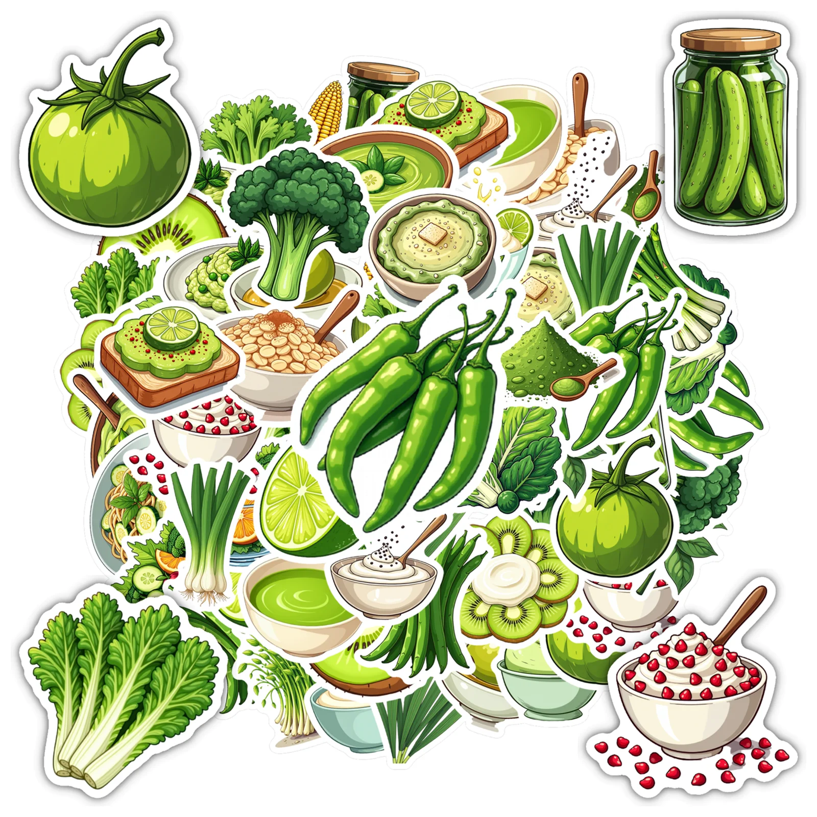 35pcs-100pcs Playful Food Stickers Cartoon Green Stationery Stickers Funny Stickers For Guitar Suitcase