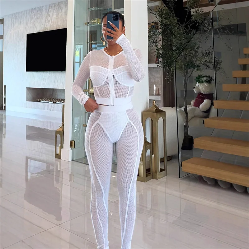 

Sexy See Through Mesh Club Outfits Woman Two Piece Set Striped Patchwork Long Sleeve Zip Top and Pencil Pants Matching Sets