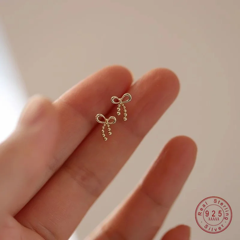 

925 Sterling Silver Plating 14K Gold Bow Earrings for Women Korean Cute Jewelry Gift