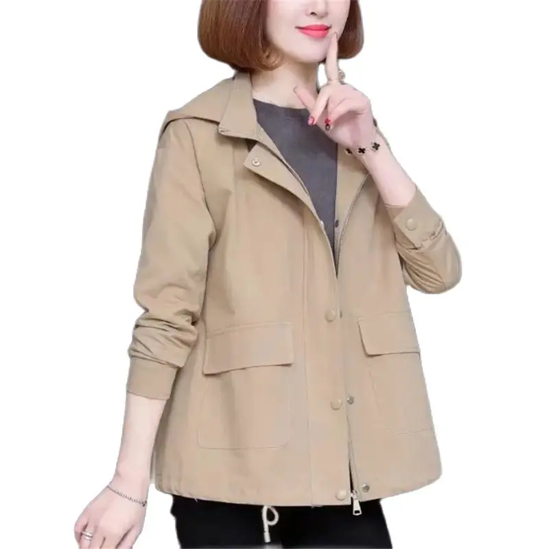 

Spring Autumn Short Windbreakers Women 2023 New Loose Hooded Trench Coat Pure Colour Outerwear Fashion Pocket Jackets Female