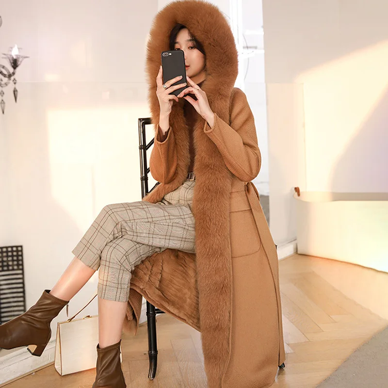 2024 Women's Luxury Winter Wool Coat Real Rex Rabbit Fur Lining Thick Warm Fox Fur Trim Trench Coat