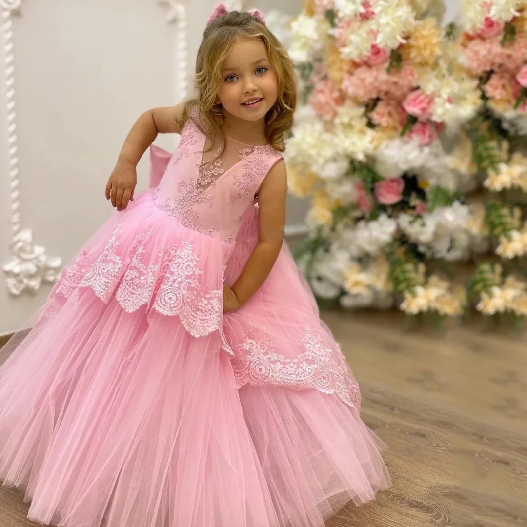 Vestidos de niña de flores personalizados, apliques florales de tul rosa con lazo sin mangas para boda, fiesta de cumpleaños, desfile, vestido de banquete