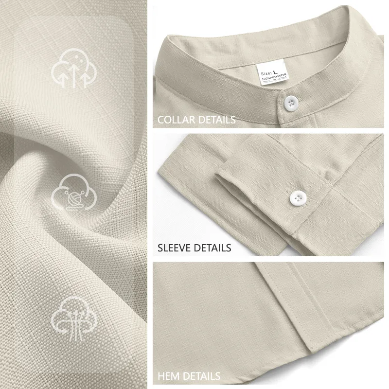 B&C Band Collar Shirt Men White Long Sleeve Button Down Casual with Side Stripes for Summer Vacation