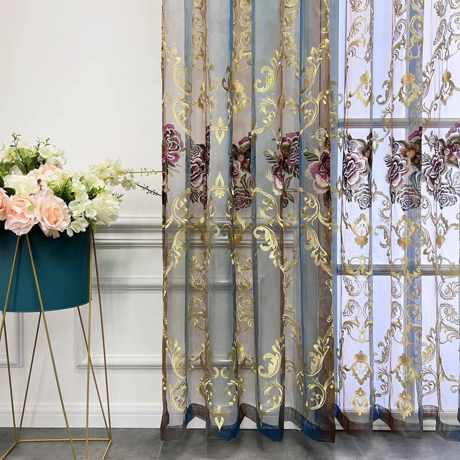 Brown and Blue Gradient Sheer Curtain Tulle Luxury Flower Embroidered Vintage Voile Window Drapes for Living Room Sliding Door - Image 4