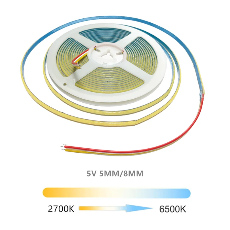 12V 24V DC CCT COB LED Strip Light 2700K to 6500K Color-Changing LED Tape Linear Double Color RA90 Dimmable Ribbon 5mm 8mm Width