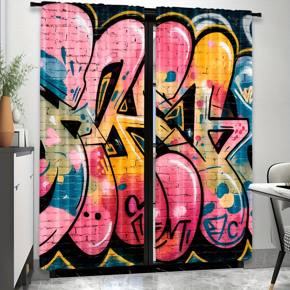 Colorful Graffiti Wall Curtain, Urban Street Art Print Drape, Hip Hop Style Window Treatment for Teen Room Man Cave Decor