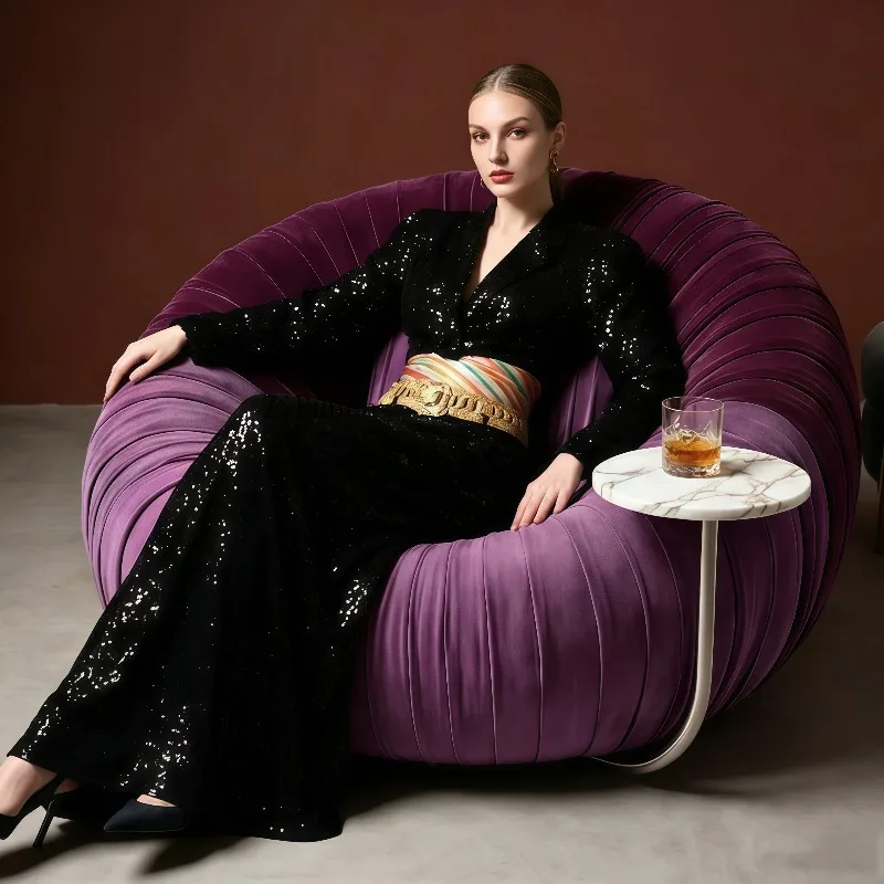 Luxury pleated purple velvet single sofa curved marble integrated modern leisure armchair living room home office dining room
