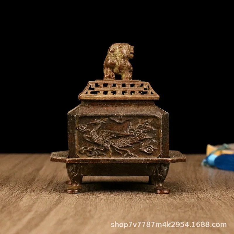 Antique-Style Brass Alloy Craft Four Divine Beasts Square Censer Home Living Room Decorative Ornament