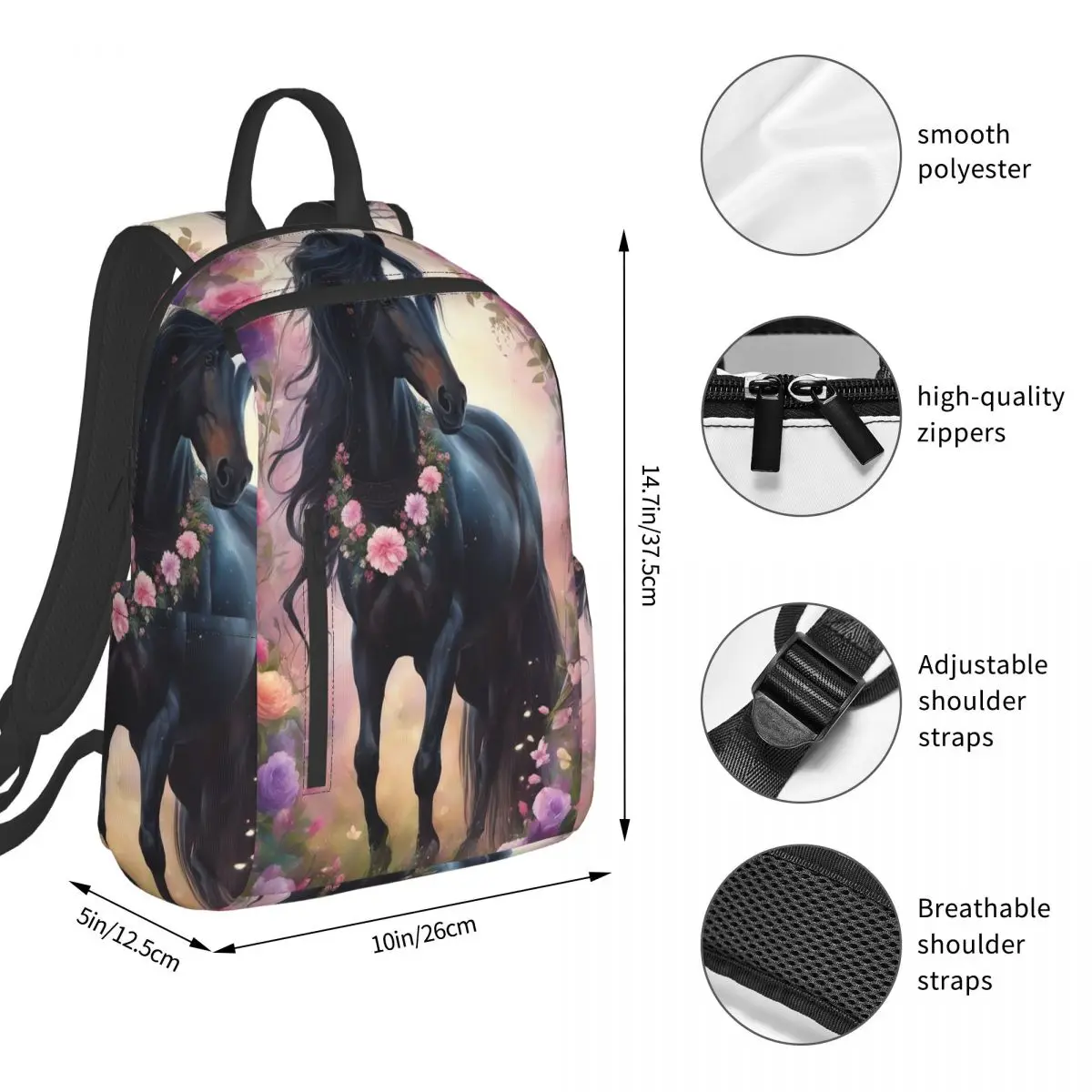 Flowers Surround Black Horse Print Backpack Student BookBag Children School Bag Laptop Shoulder Bags Men Women