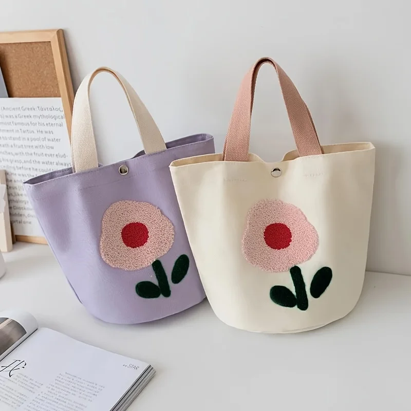 Cute Flower Print Handbag, Small Canvas Bucket Bag, Portable Storage Bag For Office School Travel