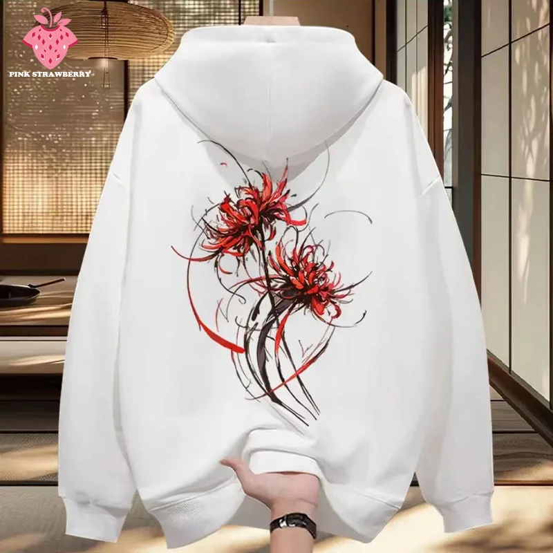 

Red spider lily Print White hoodie Men Women Autumn 2025 New Chinese style Long Sleeve Coat Y2K Top Youth Men Warm Sweatshirt