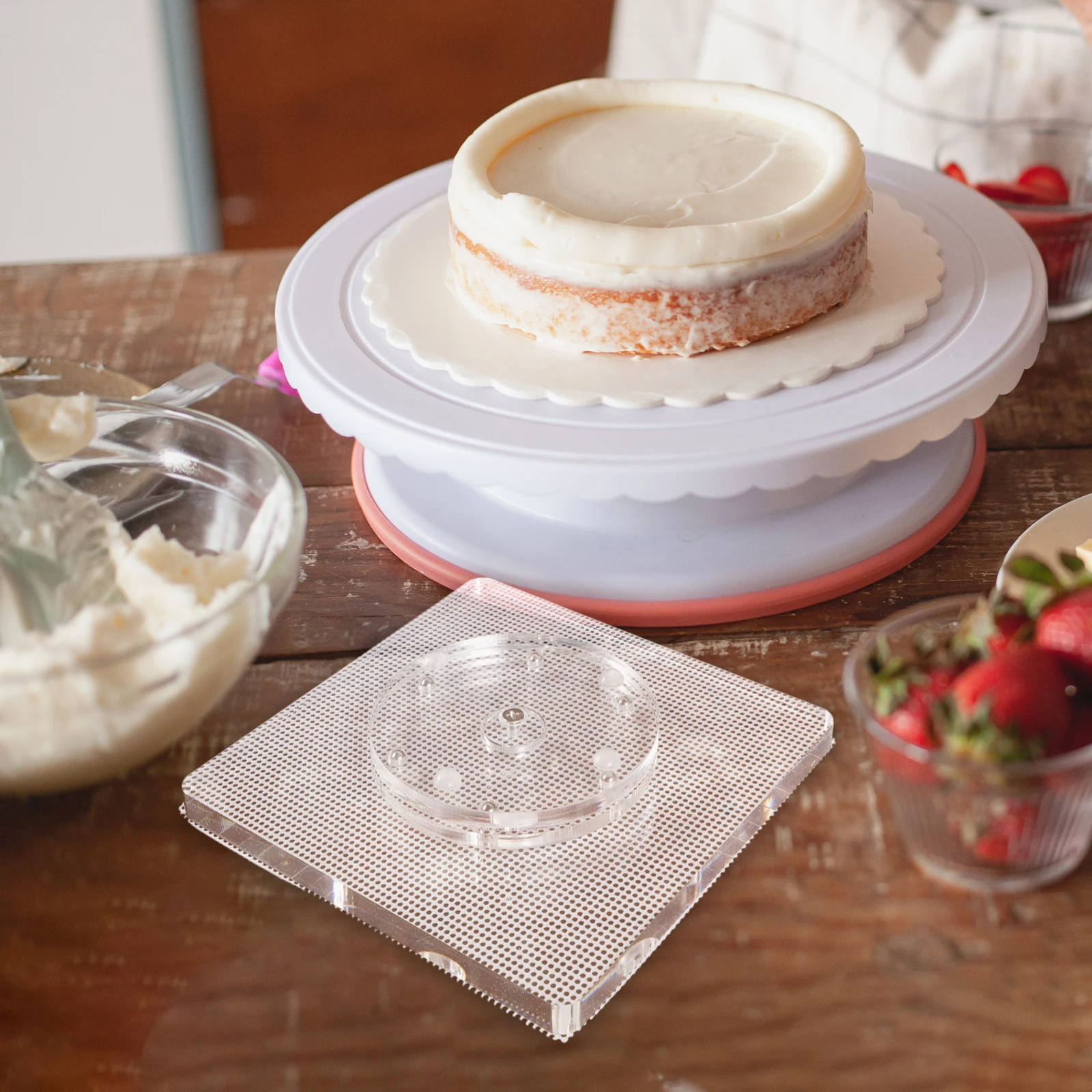 Plato giratorio para pastel, soporte decorativo giratorio de acrílico transparente para pastel, galleta, magdalenas, herramienta para hornear, accesorio de cocina
