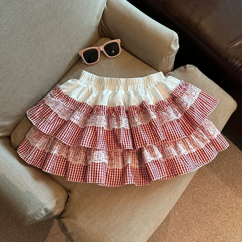 Y2K Harajuku Spicy Girl Lace Splicing Grid Cake Skirt Spring/Autumn Sweet Lady Elastic Waist A-line Half length Short Skirt