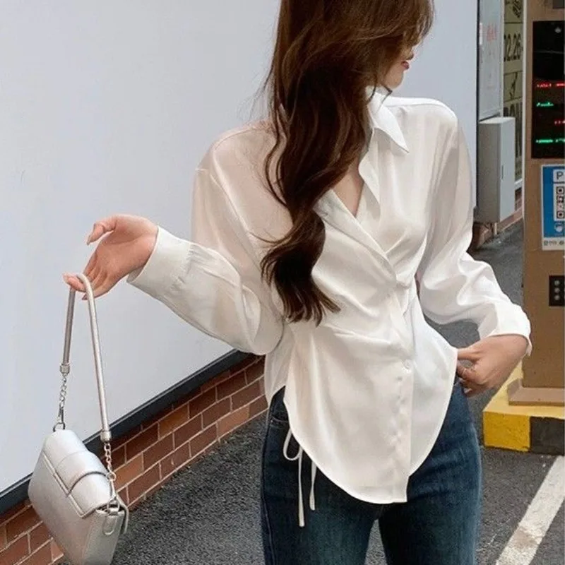 2024 New French White Satin Shirt Women\'s Spring Autumn Light Mature Wind Temperament Sunscreen Shirt Fishbone Drawstring Top