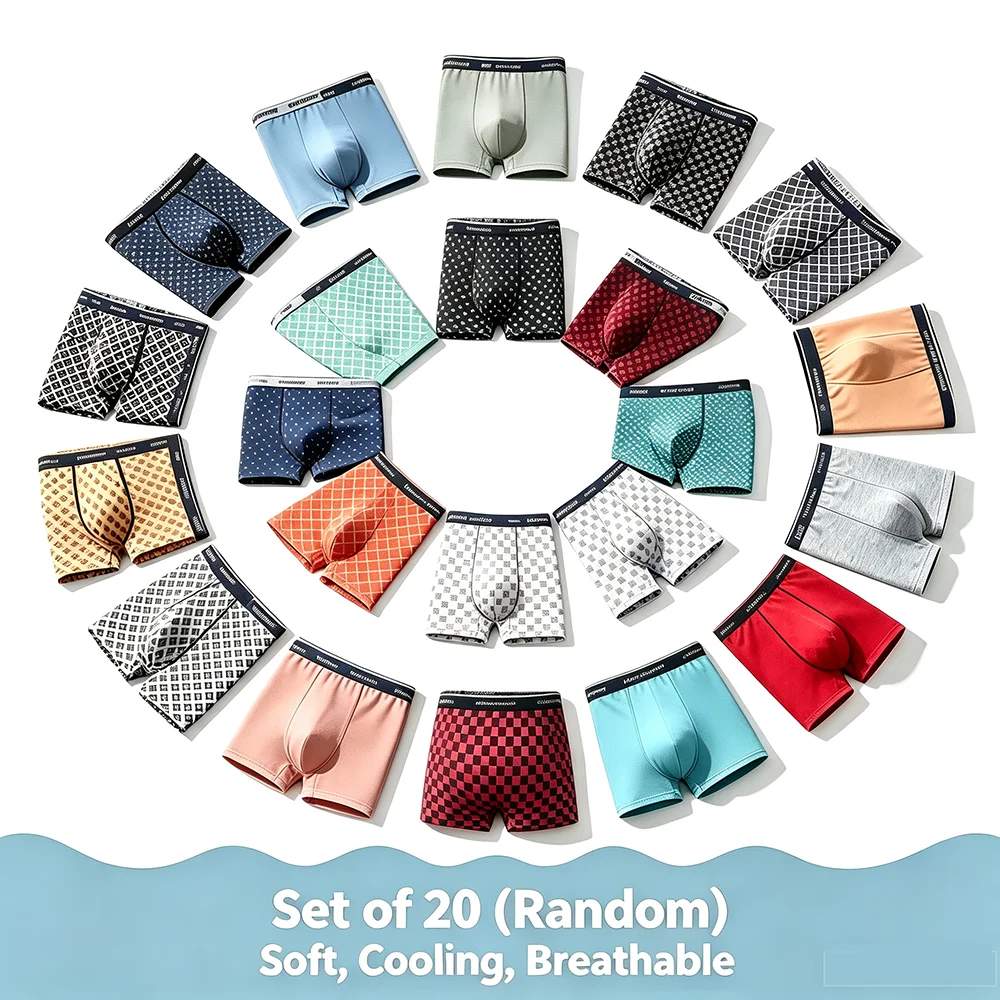 Men's Ice Silk Boxer Briefs Random 20Pcs Underwear Set Seamless Cooling Breathable Quick Dry Elastic Waistband Color Trunks