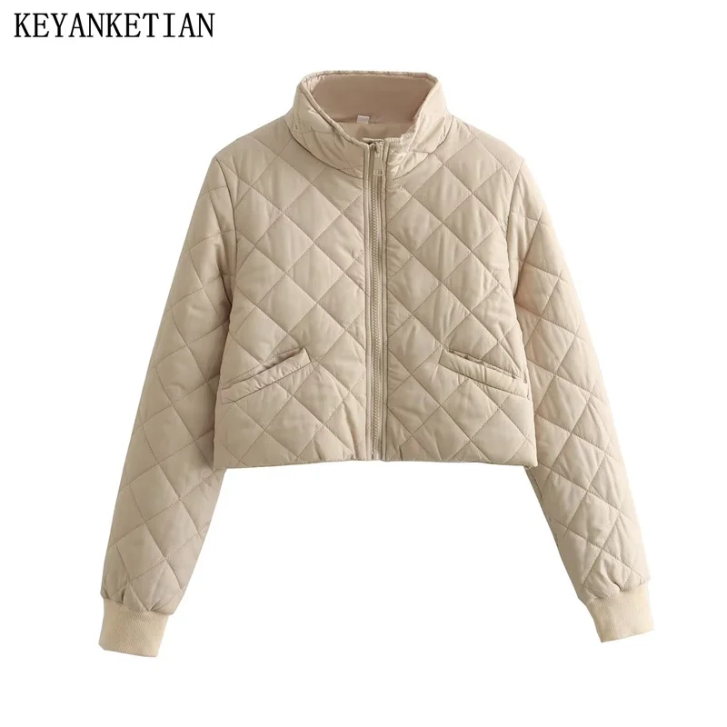 

KEYANKETIAN Winter New Women's Argyle Quilting Quilted Jacket Zip-Up Mock Neck Apricot Thick Warm Outerwear Female Crop Top