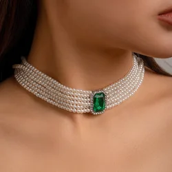 DIEZI French Style Elegant Multilayer Square Gem Stone Necklace Women Girls Vintage Imitation Pearl Choker Statement Necklace
