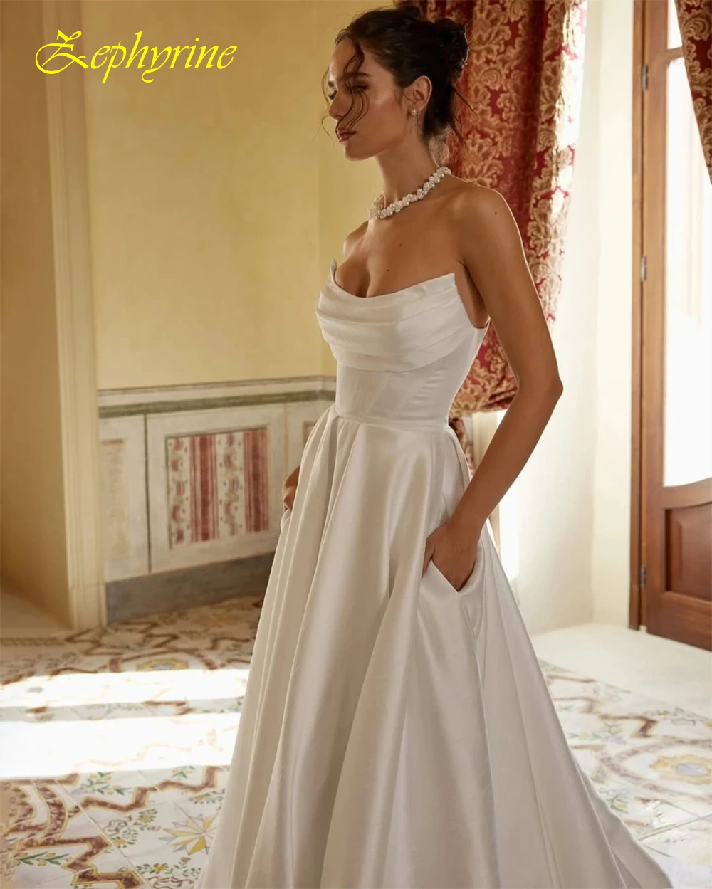 فستان سهرة بسيط مخصص بدون حمالات وفساتين مناسبة خاصة من الساتان الرسمي وفساتين زفاف بدون أكمام