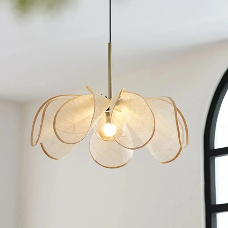 French Led Light Hotel Wabi Sabi Fabric Pendant Lights Restaurant Cloth Flower Lamp Living Room Hanging Lamp for Home Deocr