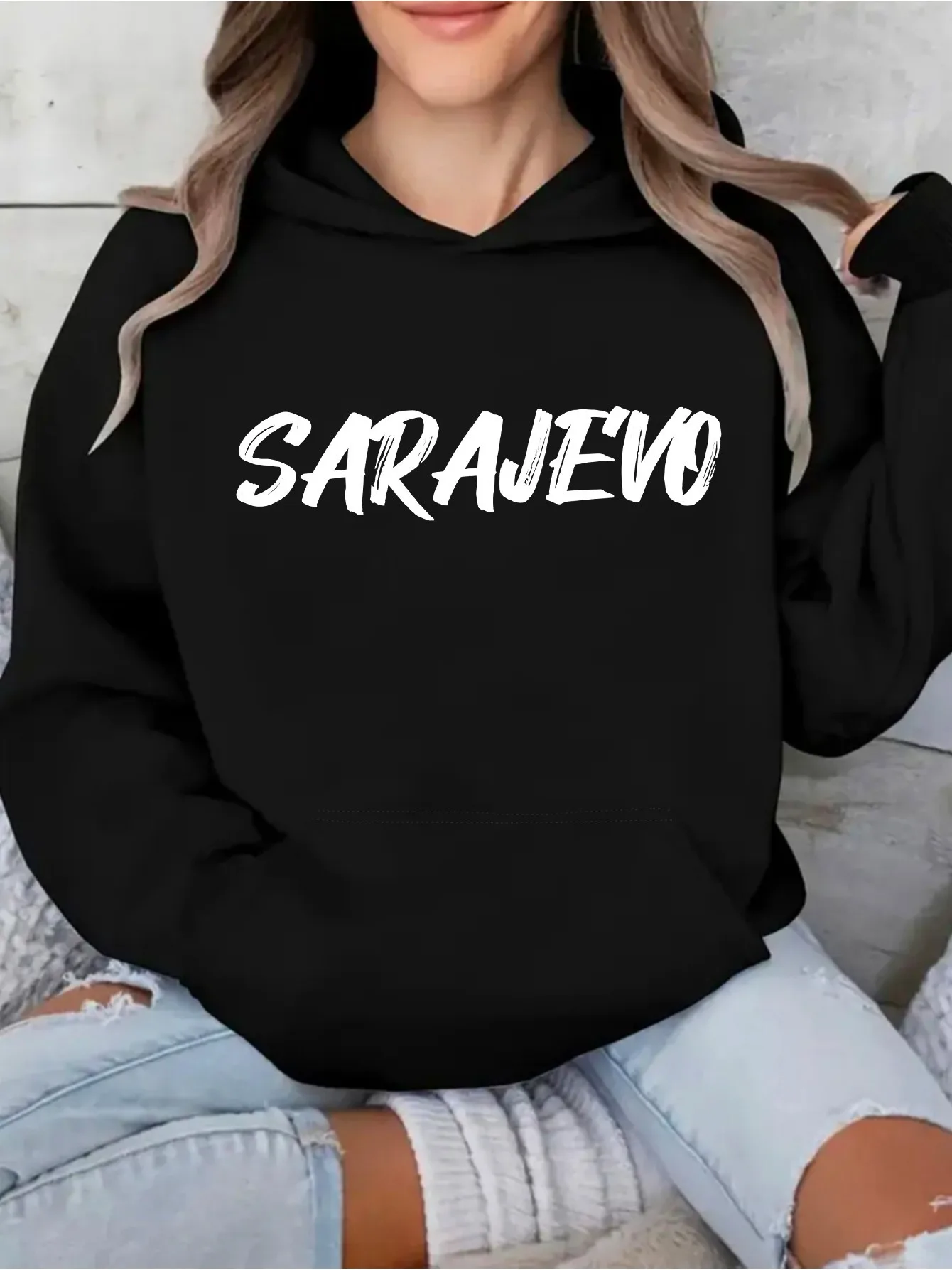 

Lady's Elegant Hooded Sweatshirt - SARAJEVO printed soft pullover hoodie, light gray for both casual and formal wear