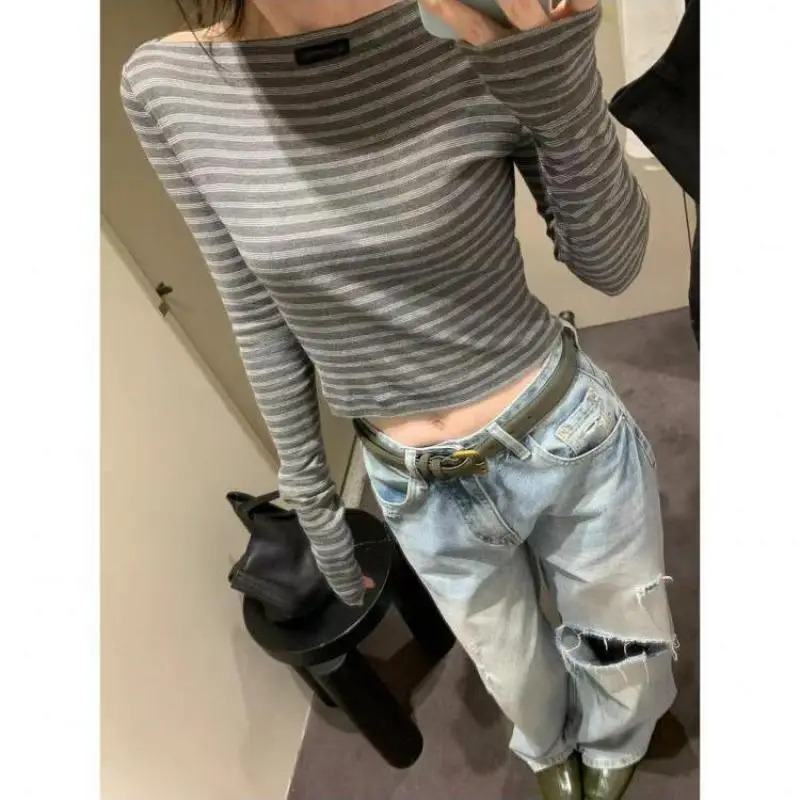 2026 Autumn College Style Striped Classic Off-shoulder Stylish Fashionable Grey Slim-fit Slimming Long-sleeved Top For Women
