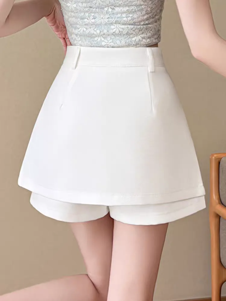 Gray Pleated Skirt with Built-in Shorts - High Waist A-line Mini Skirts for Women, Slimming Petite Spring Summer Skort