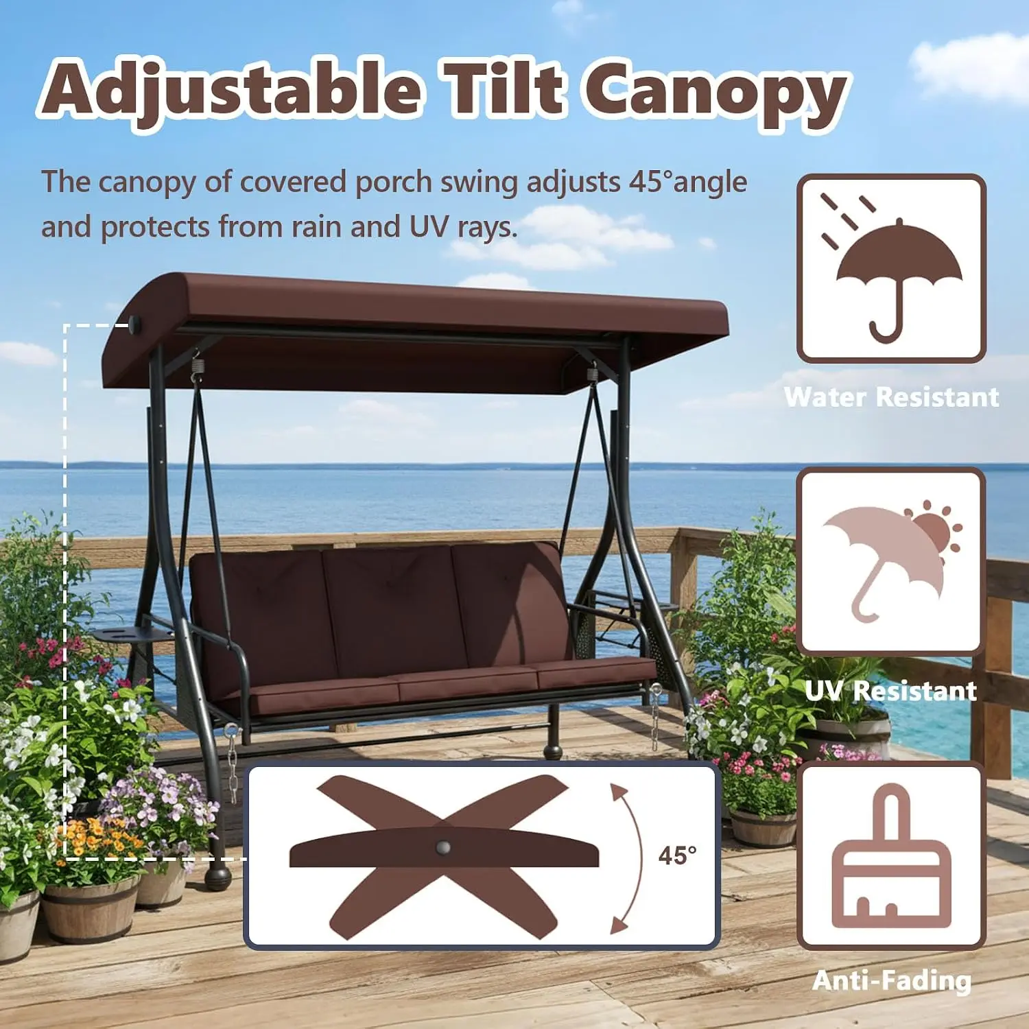3-Seat Porch Swing Glider Adjustable Canopy Convertible Bed Cup Holders Thick Cushion Backyard Garden, Customized