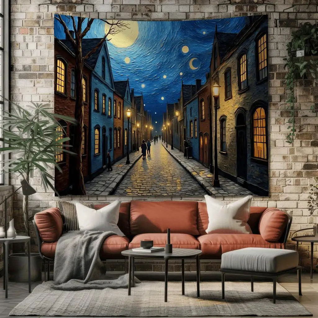 1pc Large European Town Night Tapestry Wall Hanging - Van Gogh-Inspired Starry Night Effect, Cobblestone Streets & Moonlit House