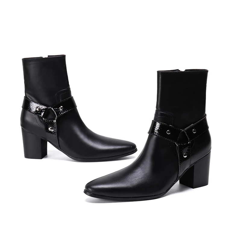 Black White Genuine Leather Men Business Dress Shoes Handmade Pointed Toe Belt Buckle Middle Heel Chelsea Boots