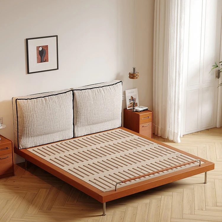 #Textured Fabric Upholstered Platform Bed, Solid Wood Low Profile Base, Contrast Piping Headboard, Metal Legs, Custom OEM