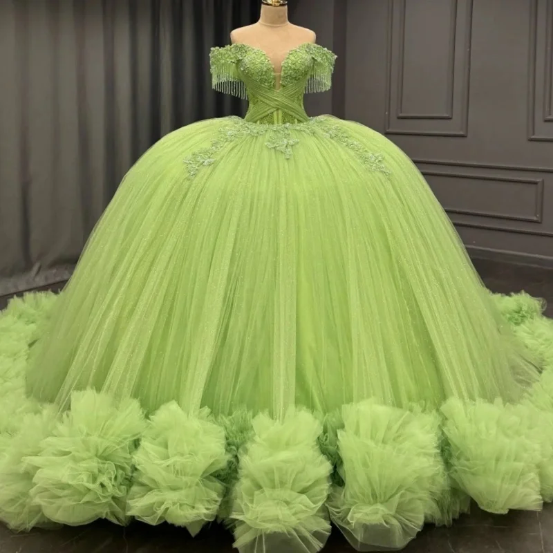 

Sage Green Shiny Princess Quinceanera Dresses Appliqued Lace Beading Tiered Tull Sweet 16 Dress Ball Gown Vestidos 15 De Anos