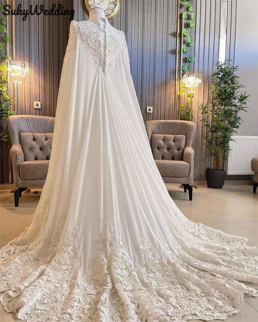 Chiffon Muslim Wedding Dresses with Cape Lace Appliques High Neck Arabic Dubai Long Sleeves Bridal Gowns Customized