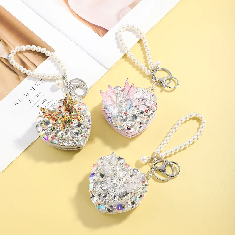 Sparkling Rhinestone Two-side Mirror Portable Fold Pocket Mirror Bag Pendant Metal Key Chain With Pearl Chain Makeup Mirror