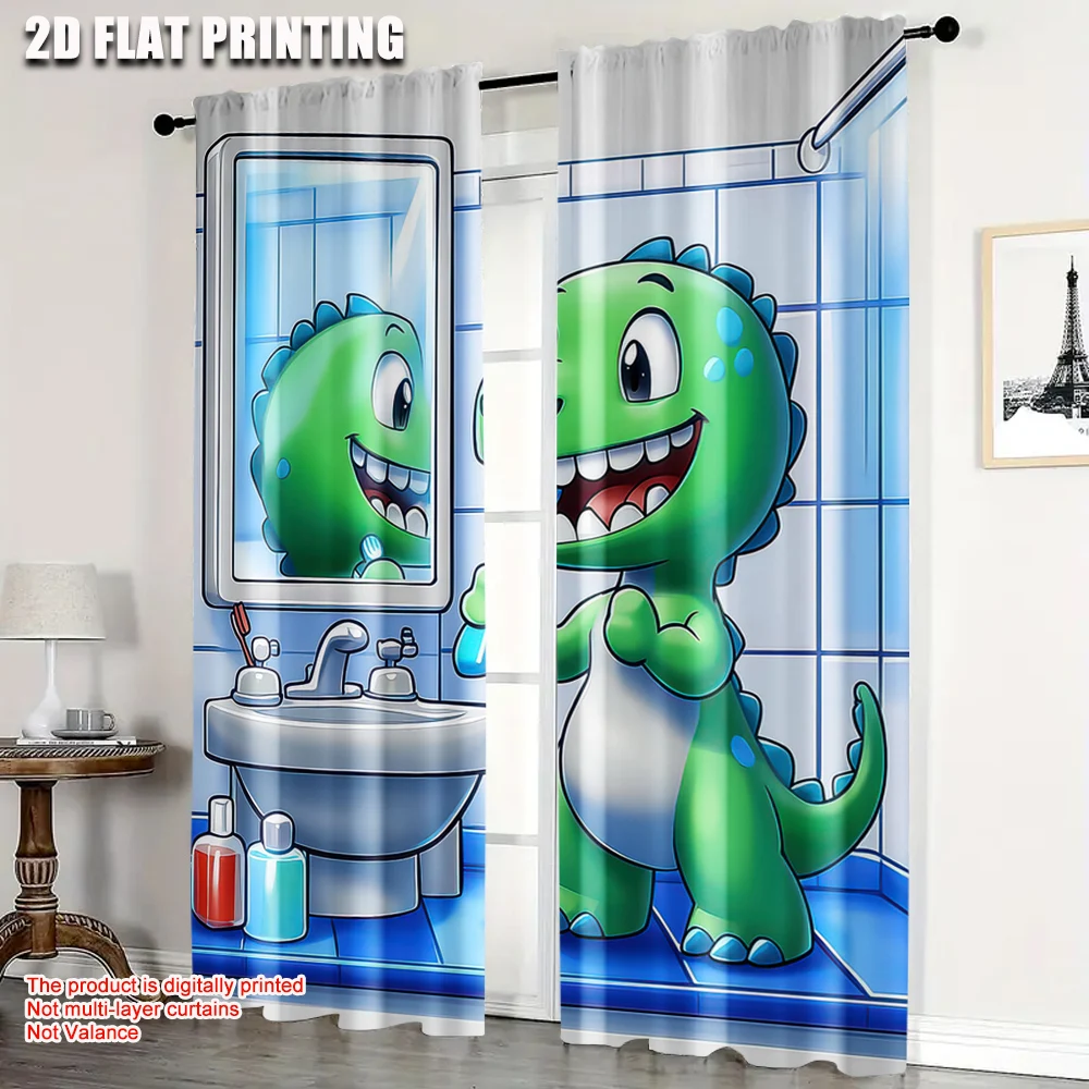 

2Pcs Funny Curtain Happy Dinosaur Looking At The Mirror After Brushing It'S Teeth Cartoon Decor Curtain Blackout