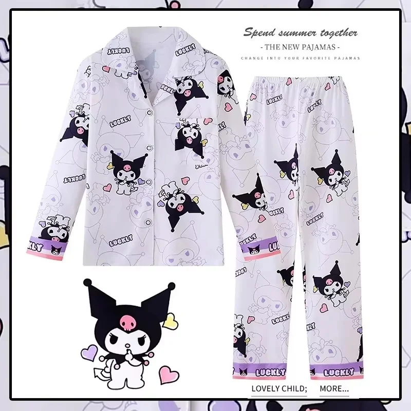 100-160cm Kuromi Hello Kitty Cinnamoro Spring Autumn Children'S Pajama Set Loose Collar Long Sleeve Home Clothes Pajamas  Clothe