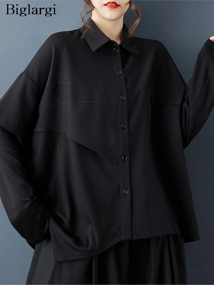 

Женская блузка оверсайз с эффектом двухслойности, пэчворк, асимметричный крой, модная, с длинным рукавом, свободная, повседневная