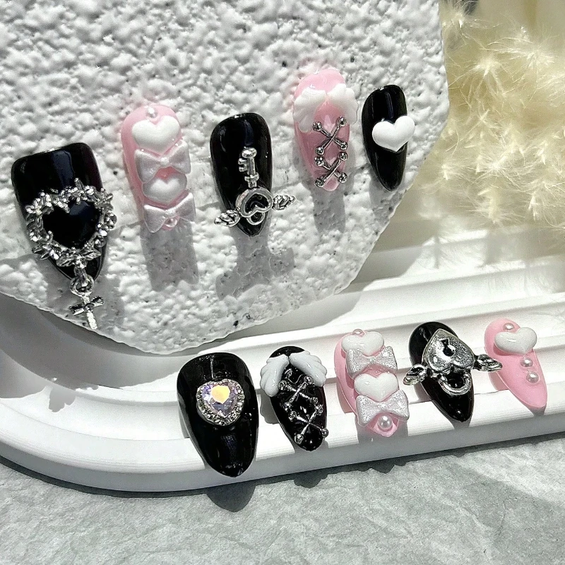 10 Pieces Y2k Spice Girl Handmade Press On Nails Black Pink Sweet Cool Nail Art Bow Love Diamond Almond False Nails