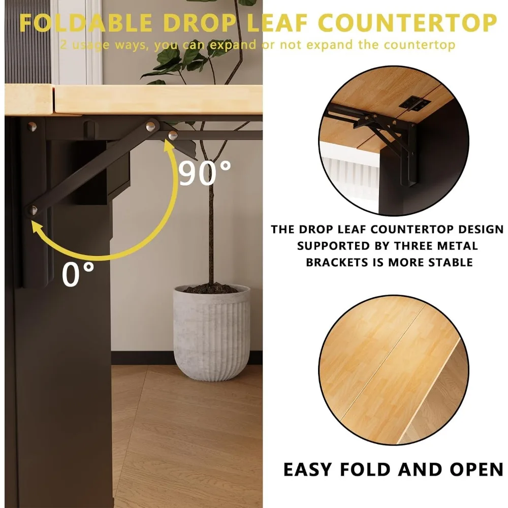 Тележка для кухонного острова с откидным листом, хранилищем, наклонным мусорным баком и держателем для ножей — универсальный стол на колесиках для эффективного приготовления пищи