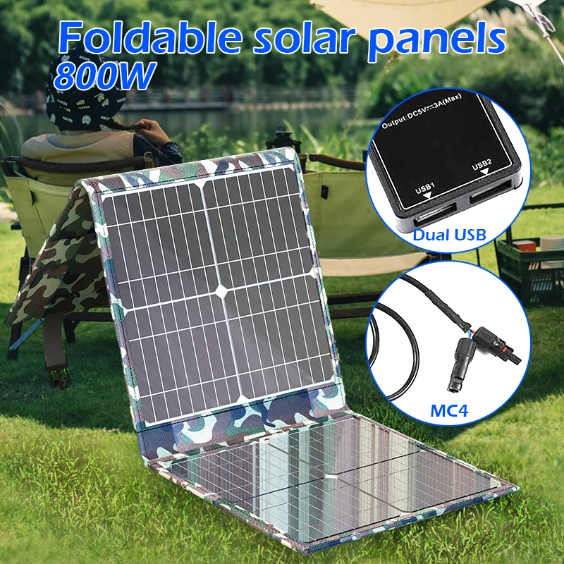 800W Foldable Solar Panel Portable Solar Charger 12v Battery Power Station 5v USB Mobile Phone Power Bank Laptop Camper Hiking