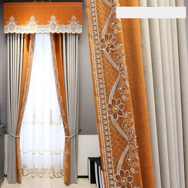 Custom high-grade  modern chenille Splicing orange embroidered Jacquard curtain valance tulle M1240