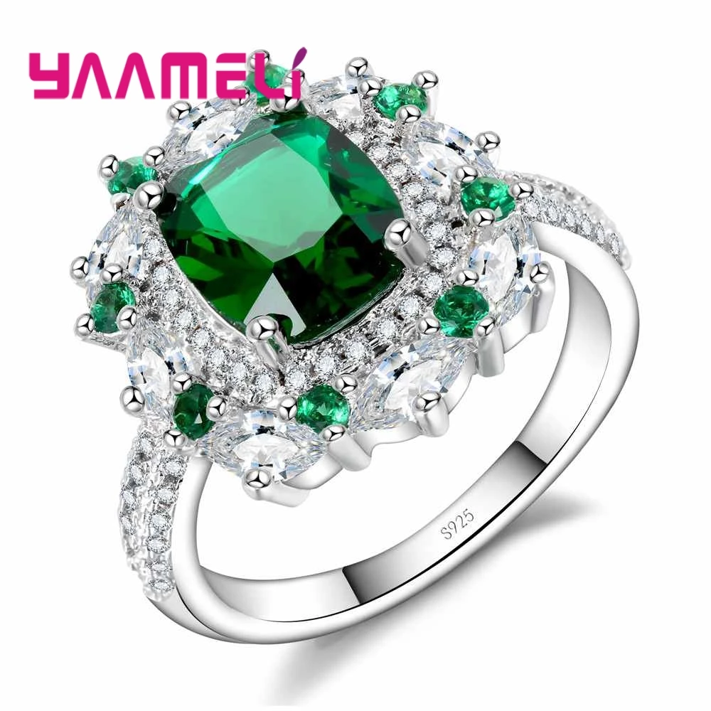 Brand Green Stone Classic Round Crystal 925 Sterling Silver Ring For Lady Personality With Clothes Woman Jewelry Ring