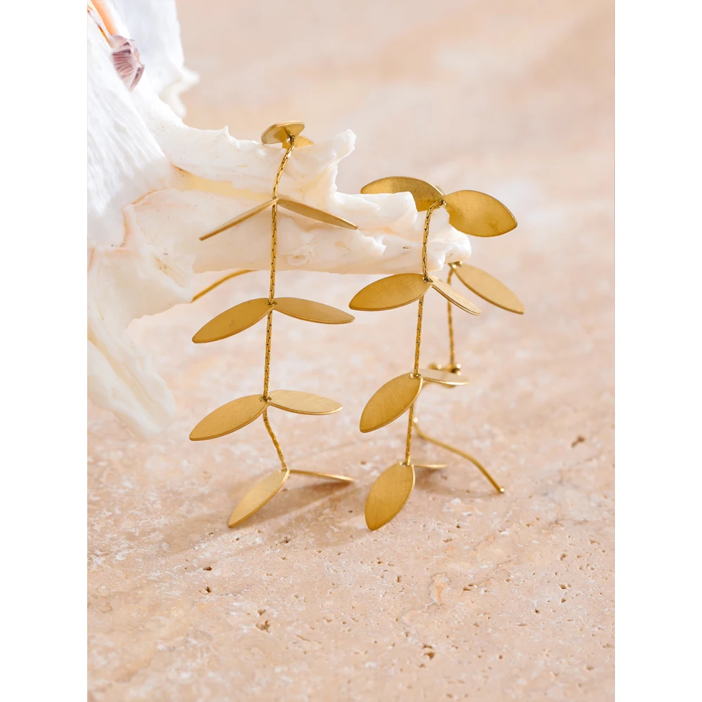Yhpup Vintage Retro Old Stainless Steel Leaf Long Hanging Drop Earrings PVD Plated Prevent Allergy Metal Stylish Jewelry France — zdjęcie 6