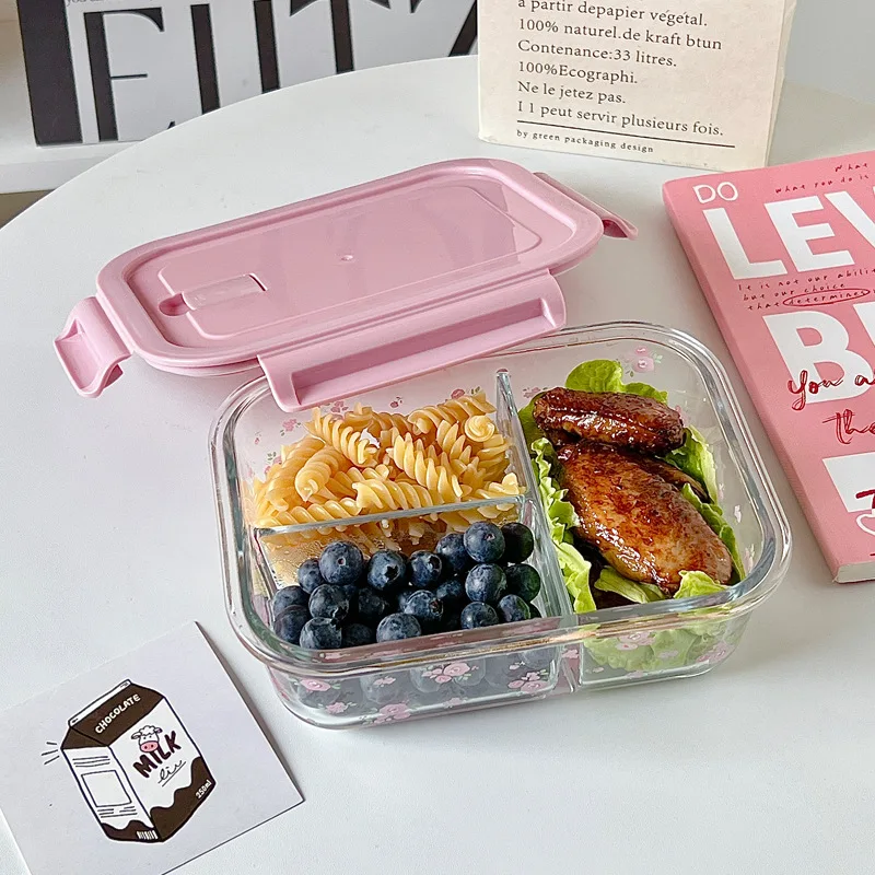 Pink Rose Glass Lunch Box Office Workers Divided Microwave Oven Bento Bowl Leakproof Food Container Kitchen Preservation Boxes