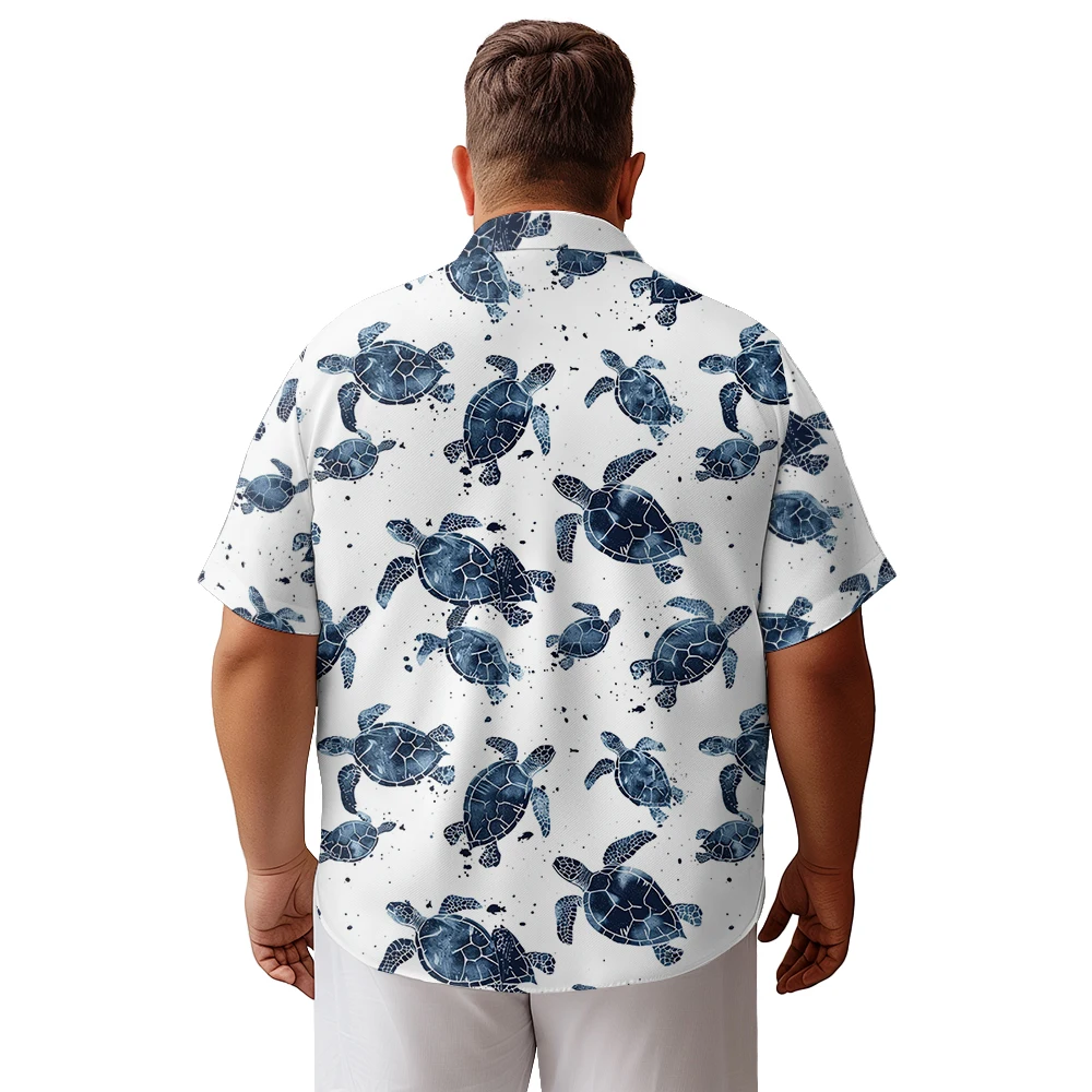 2024 new  Men's shirts plus size Summer holiday turtle flow pattern vertical strip printed clothing casual short-sleeved