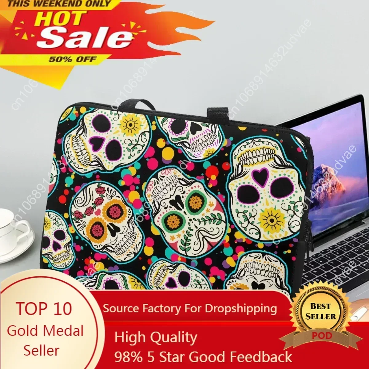 

New Sugar Skull Printing Tablet Bag 10 12 13 15 17Inch Handle Universal Notebook Case Laptop Bags Adult Halloween Gift Briefcase